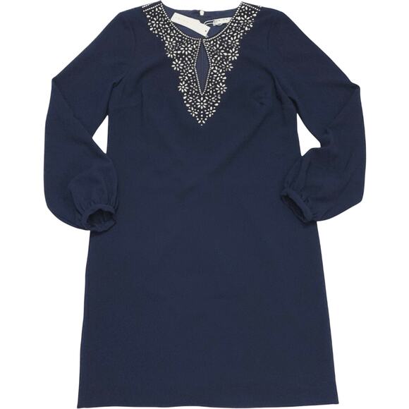 Trina Turk Shiraz Womens Shift Dress NWT Navy Blue Sz 6 Embellished Long Sleeve - Picture 15 of 16